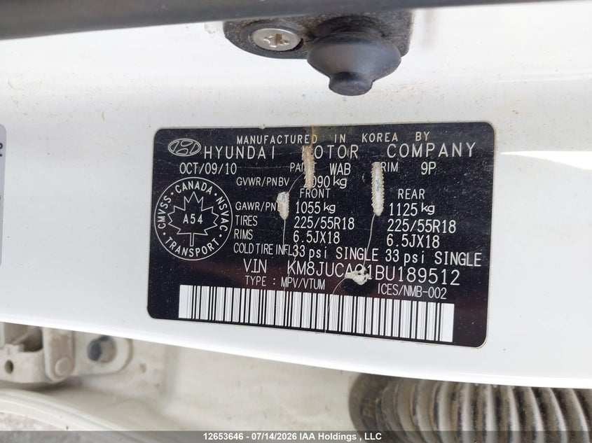 2011 Hyundai Tucson Limited VIN: KM8JUCAC1BU189512 Lot: 12653646