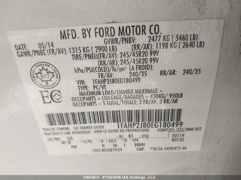 2014 Ford Taurus Limited VIN: 1FAHP2J80EG180499 Lot: 12653673