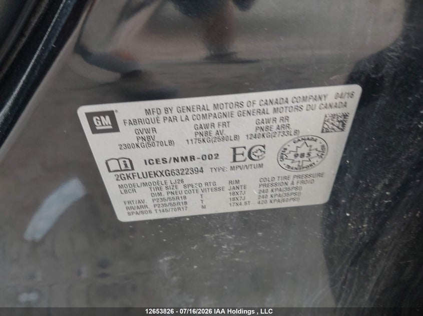 2016 GMC TERRAIN SPORT UTILITY VEHICLE 2.4L I4 FI DOHC 16V NF4