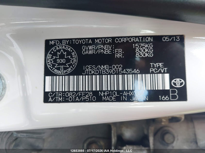 2013 Toyota Prius C VIN: JTDKDTB39D1543546 Lot: 12653885