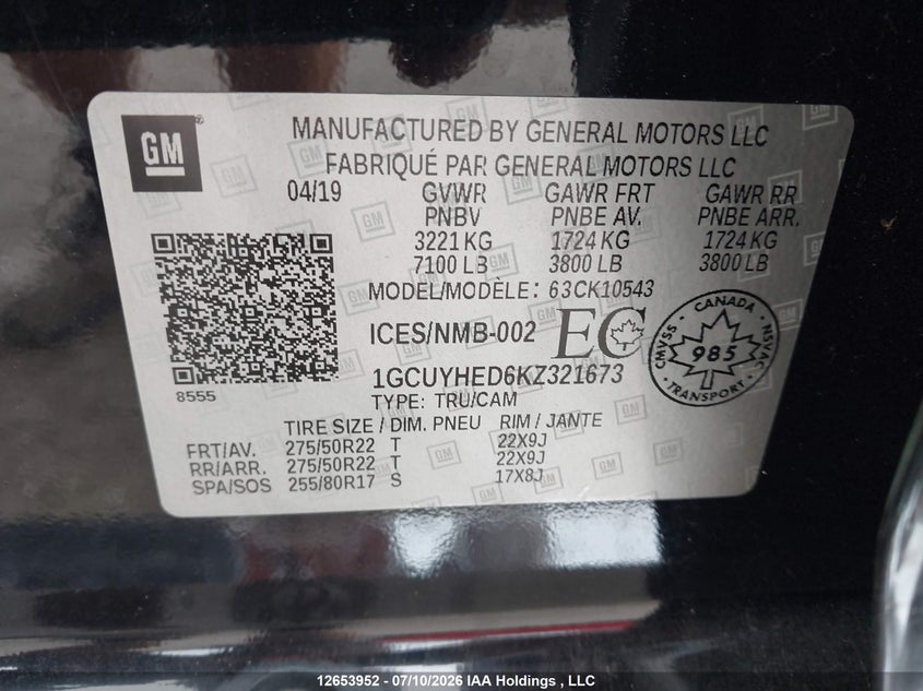 2019 Chevrolet Silverado 1500 High Country VIN: 1GCUYHED6KZ321673 Lot: 12653952