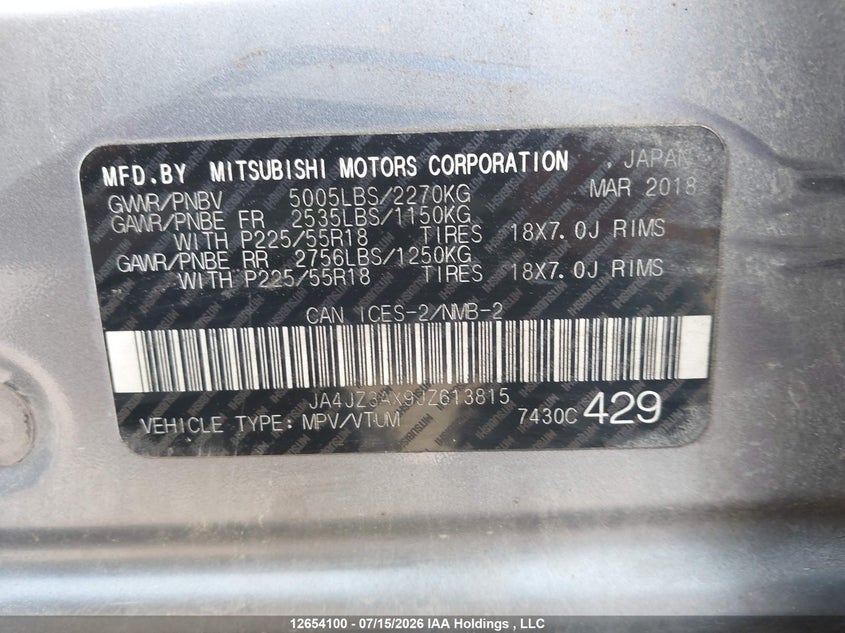 2018 Mitsubishi Outlander Se/Se Anniversary Edition VIN: JA4JZ3AX9JZ613815 Lot: 12654100