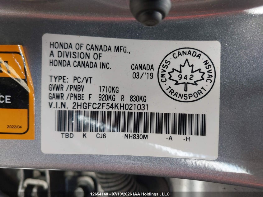 2019 HONDA CIVIC SEDAN 2.0L I-4 DOHC, VVT, 158HP