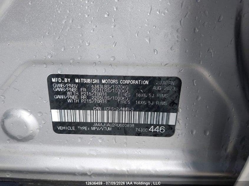 2024 Mitsubishi Rvr Es VIN: JA4AJUAU2RU600898 Lot: 12636459x