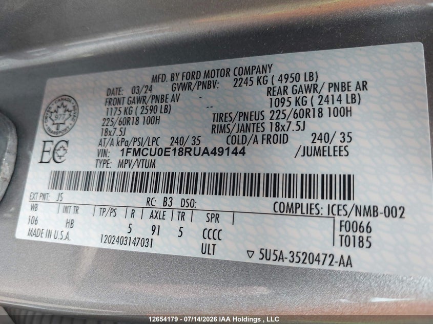 2024 FORD ESCAPE SPORT UTILITY VEHICLE 2.5L I-4 DOHC, VVT, 163HP