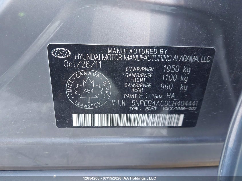 2012 Hyundai Sonata Gls VIN: 5NPEB4AC0CH404441 Lot: 12654208