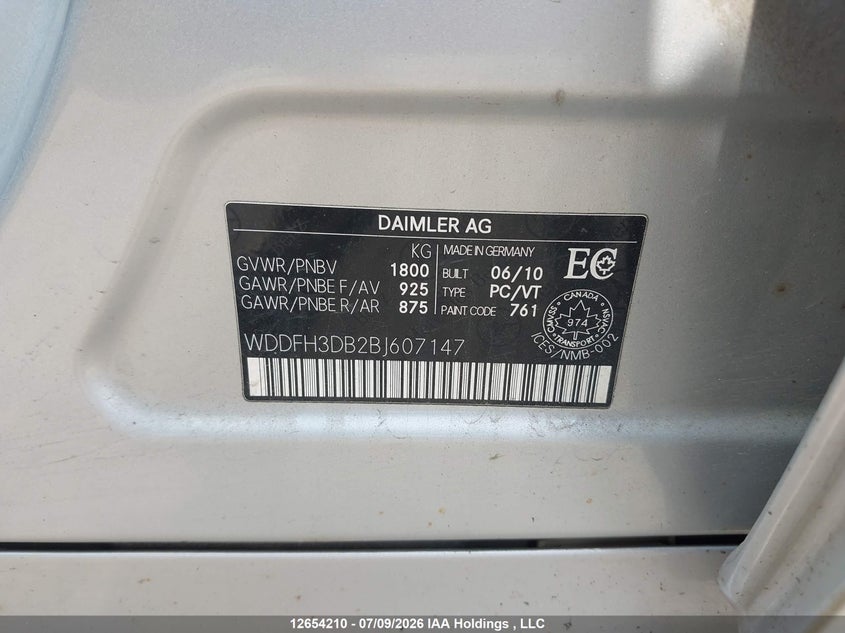 2011 Mercedes-Benz B200 VIN: WDDFH3DB2BJ607147 Lot: 12654210