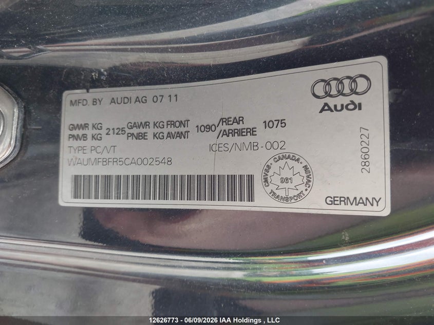 2012 Audi A5 2.0T Premium VIN: WAUMFBFR5CA002548 Lot: 12626773X