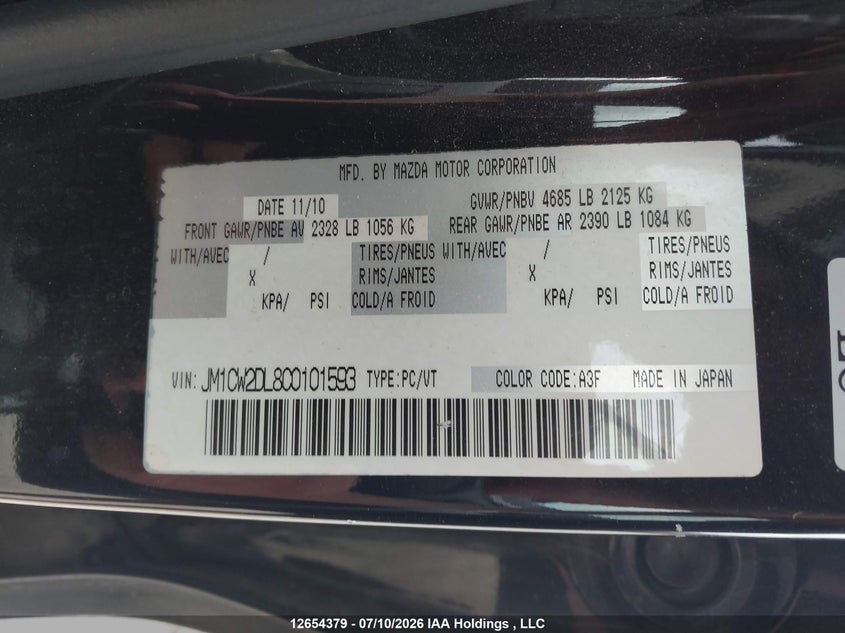 2012 Mazda Mazda5 Grand Touring VIN: JM1CW2DL8C0101593 Lot: 12654379