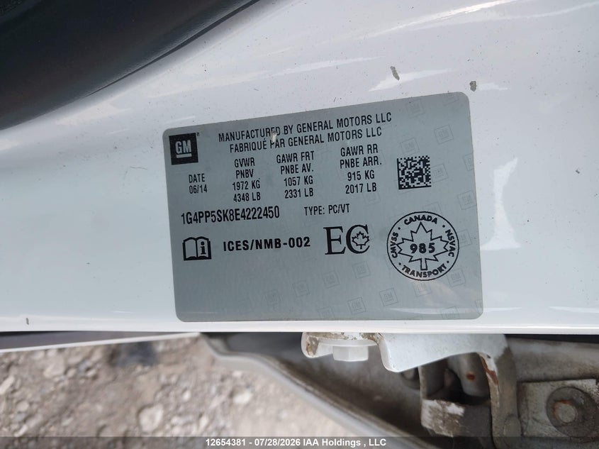 2014 BUICK VERANO SEDAN 2.4L I4 FI DOHC 16V NF4
