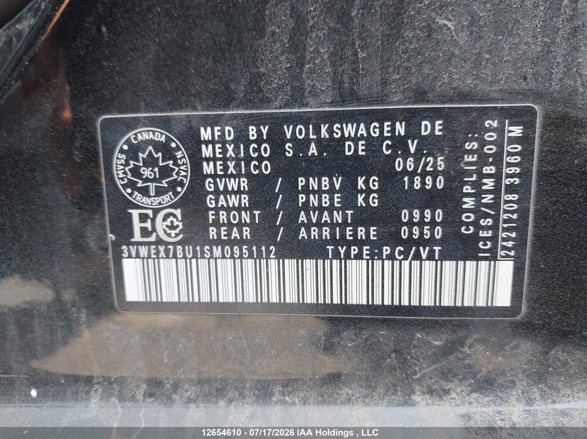 2025 Volkswagen Jetta Comfortline VIN: 3VWEX7BU1SM095112 Lot: 12654610