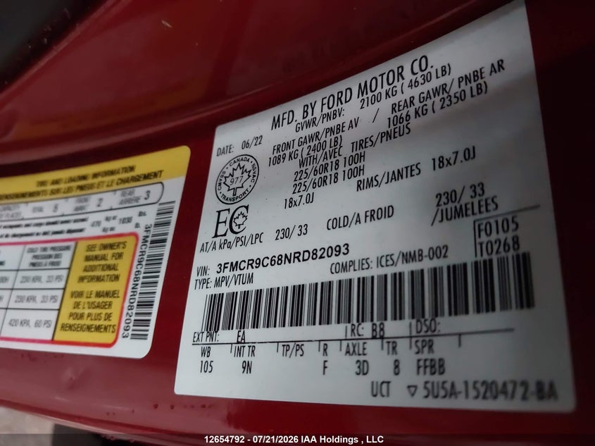 2022 Ford Bronco Sport Outer Banks VIN: 3FMCR9C68NRD82093 Lot: 12654792