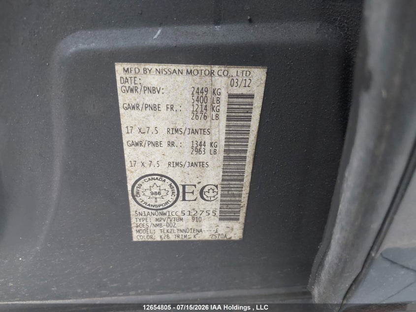 2012 Nissan Xterra VIN: 5N1AN0NW1CC512755 Lot: 12654805