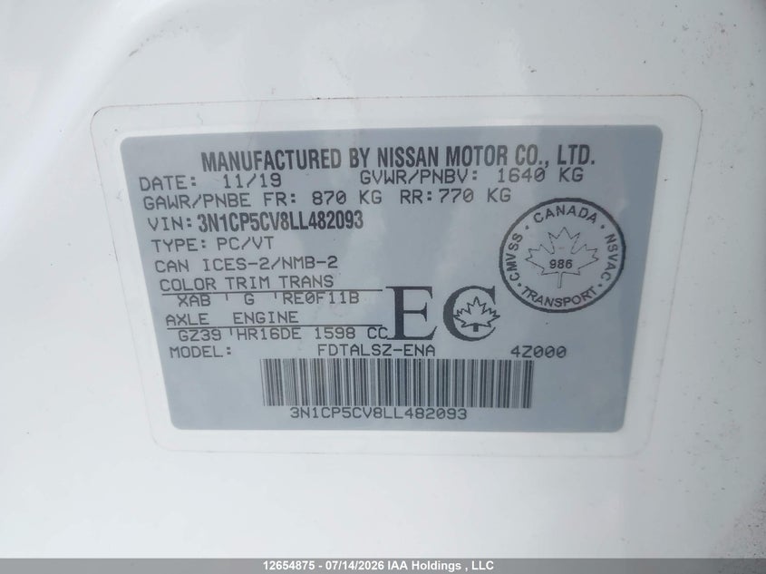 2020 Nissan Kicks Sv VIN: 3N1CP5CV8LL482093 Lot: 12654875