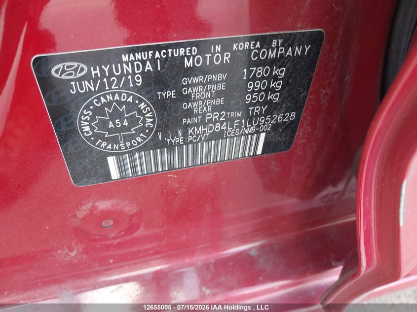 2020 Hyundai Elantra Luxury VIN: KMHD84LF1LU952628 Lot: 12655005