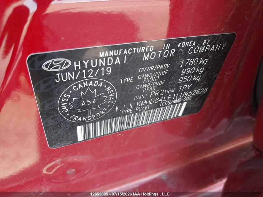 2020 Hyundai Elantra Luxury VIN: KMHD84LF1LU952628 Lot: 12655005