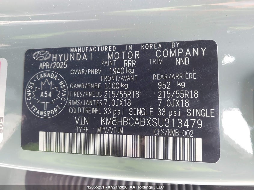 2025 Hyundai Kona VIN: KM8HBCABXSU313479 Lot: 12655251
