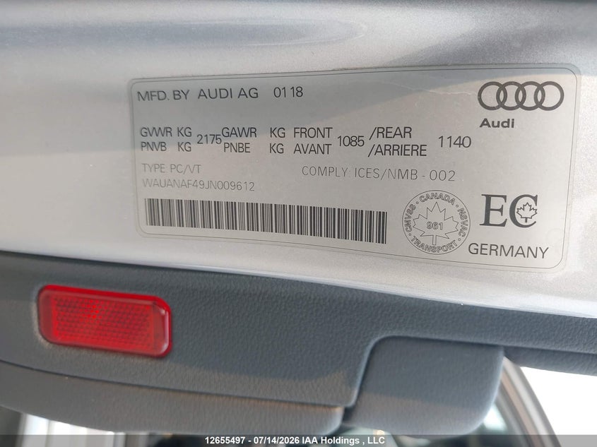 2018 AUDI A4 SEDAN 2.0L I-4 DI, DOHC, VVT, TURBO, 252HP
