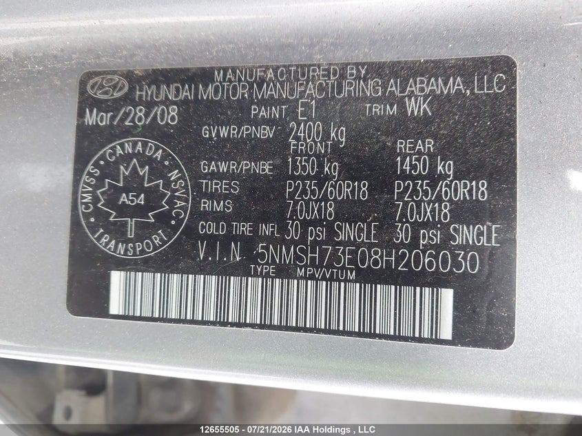 2008 Hyundai Santa Fe Se/Limited VIN: 5NMSH73E08H206030 Lot: 12655505