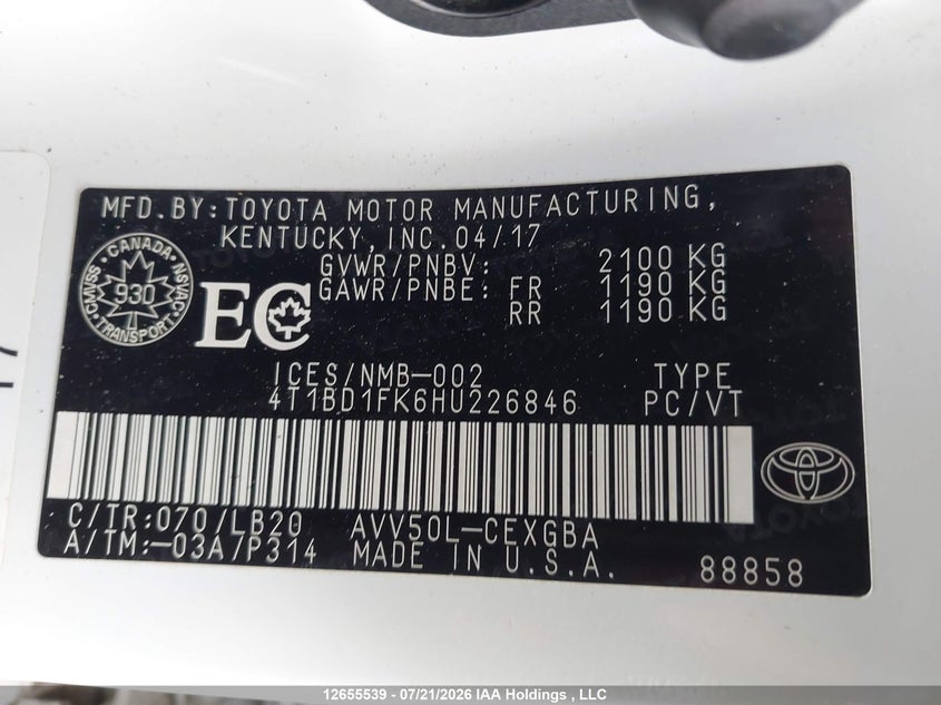2017 Toyota Camry Hybrid/Le/Xle/Se VIN: 4T1BD1FK6HU226846 Lot: 12655539