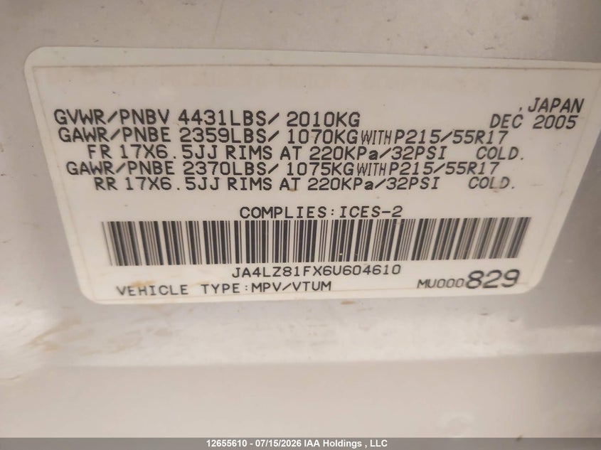 2006 Mitsubishi Outlander VIN: JA4LZ81FX6U604610 Lot: 12655610