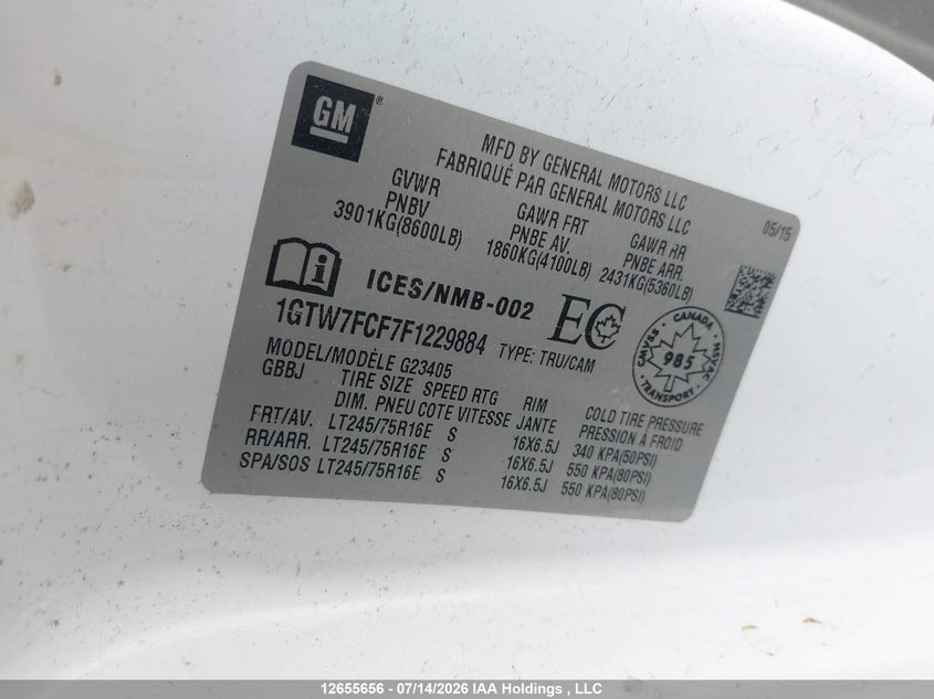 2015 GMC Savana VIN: 1GTW7FCF7F1229884 Lot: 12655656