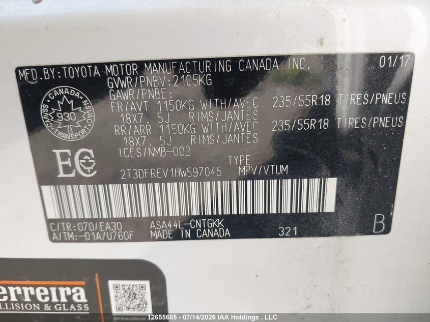 2017 TOYOTA RAV 4 SPORT UTILITY VEHICLE 2.5L I-4 DOHC, VVT, 176HP