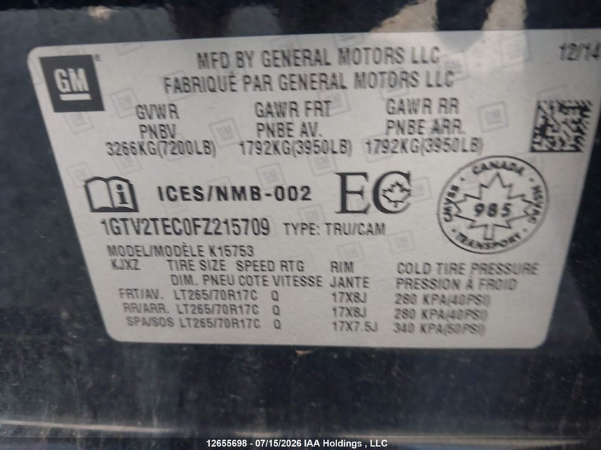 2015 GMC Sierra 1500 VIN: 1GTV2TEC0FZ215709 Lot: 12655698