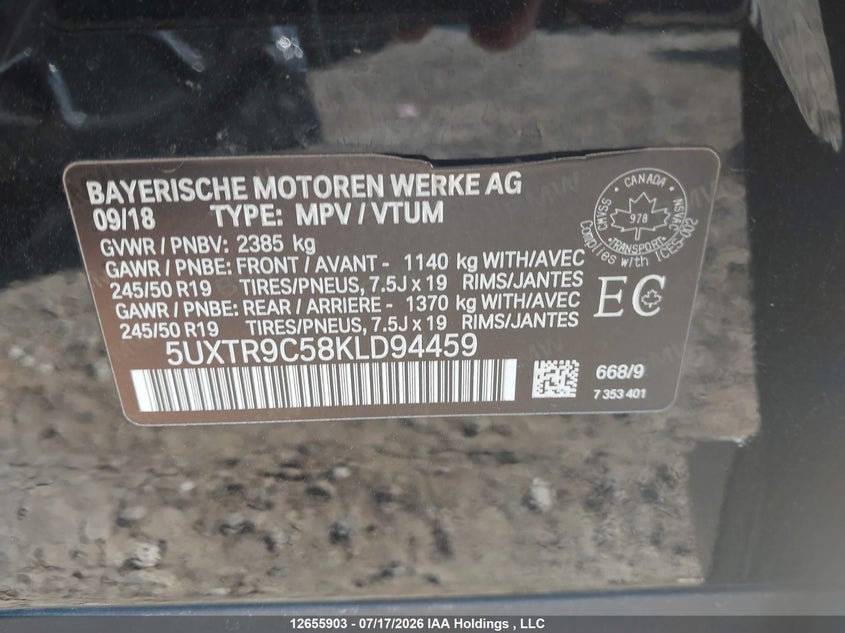 2019 BMW X3 SPORT UTILITY VEHICLE 2.0L I-4 DI, DOHC, VVT, TURBO, 248HP
