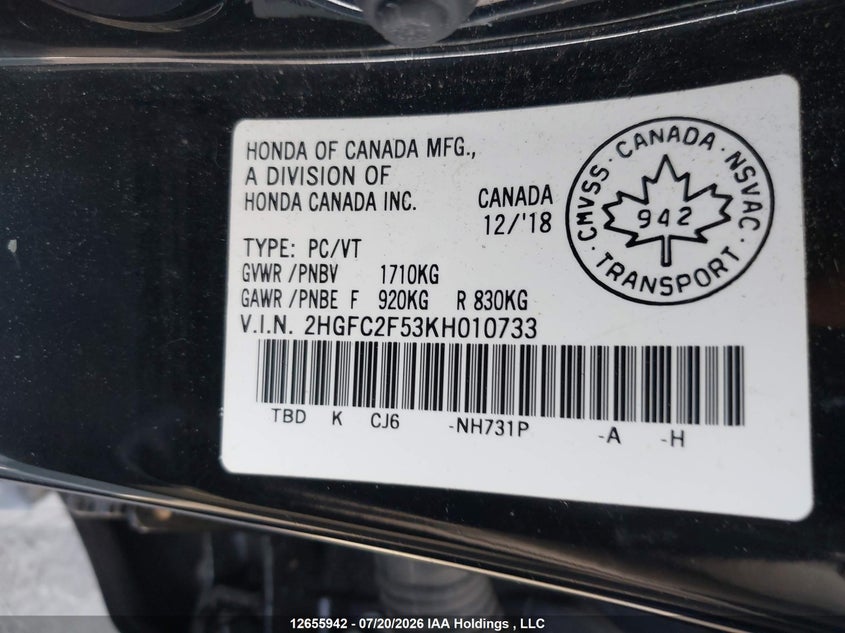 2019 HONDA CIVIC SEDAN 2.0L I-4 DOHC, VVT, 158HP