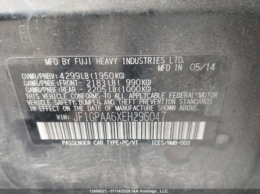 2014 SUBARU IMPREZA WAGON 2.0L H-4 DOHC, VVT, 148HP