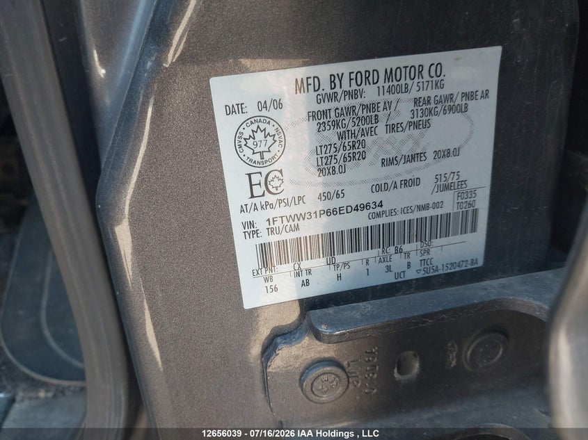 2006 Ford F350 Srw Super Duty VIN: 1FTWW31P66ED49634 Lot: 12656039