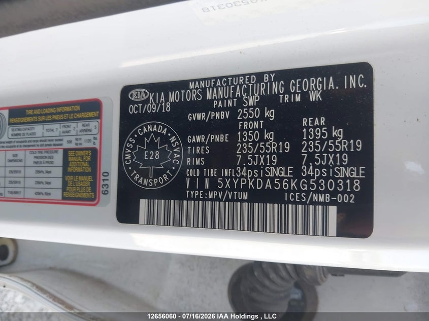 2019 Kia Sorento 3.3L Sx/3.3L Sxl VIN: 5XYPKDA56KG530318 Lot: 12656060