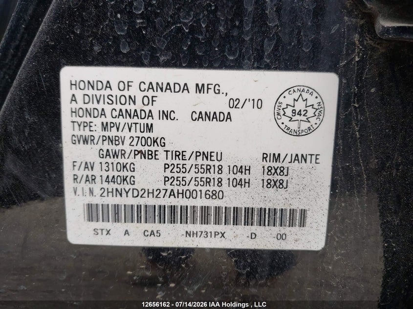 2010 Acura Mdx VIN: 2HNYD2H27AH001680 Lot: 12656162