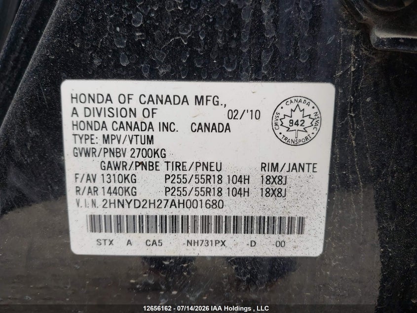 2010 Acura Mdx VIN: 2HNYD2H27AH001680 Lot: 12656162