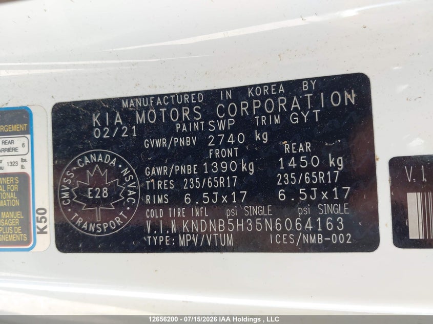2022 Kia Carnival Lx VIN: KNDNB5H35N6064163 Lot: 12656200
