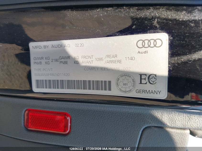 2020 Audi A4 2.0T Komfort VIN: WAUANAF46LN011420 Lot: 12656322