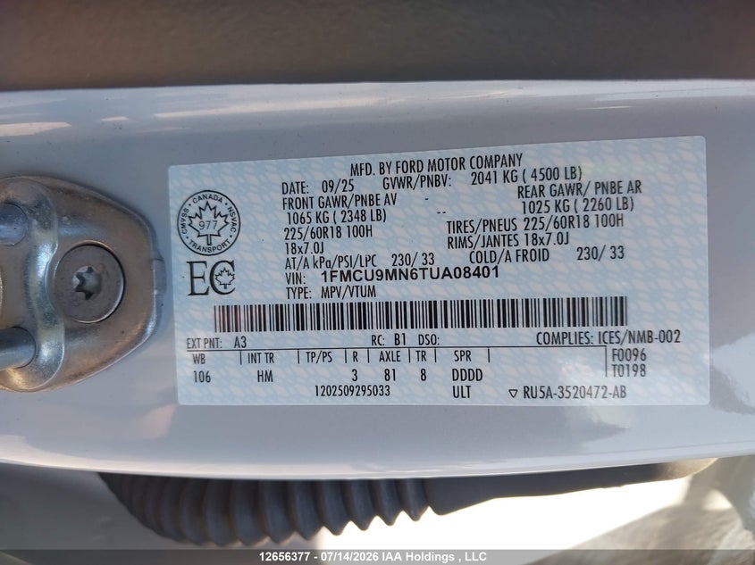 2026 FORD ESCAPE SPORT UTILITY VEHICLE 1.5L I3 FI DOHC 12V NF4