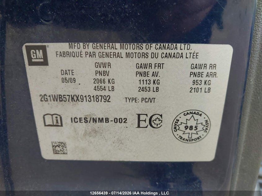 2009 Chevrolet Impala Ls VIN: 2G1WB57KX91318792 Lot: 12656439