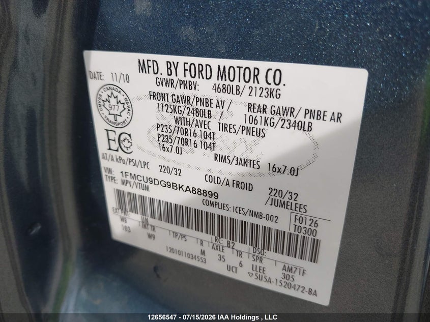 2011 Ford Escape Xlt VIN: 1FMCU9DG9BKA88899 Lot: 12656547
