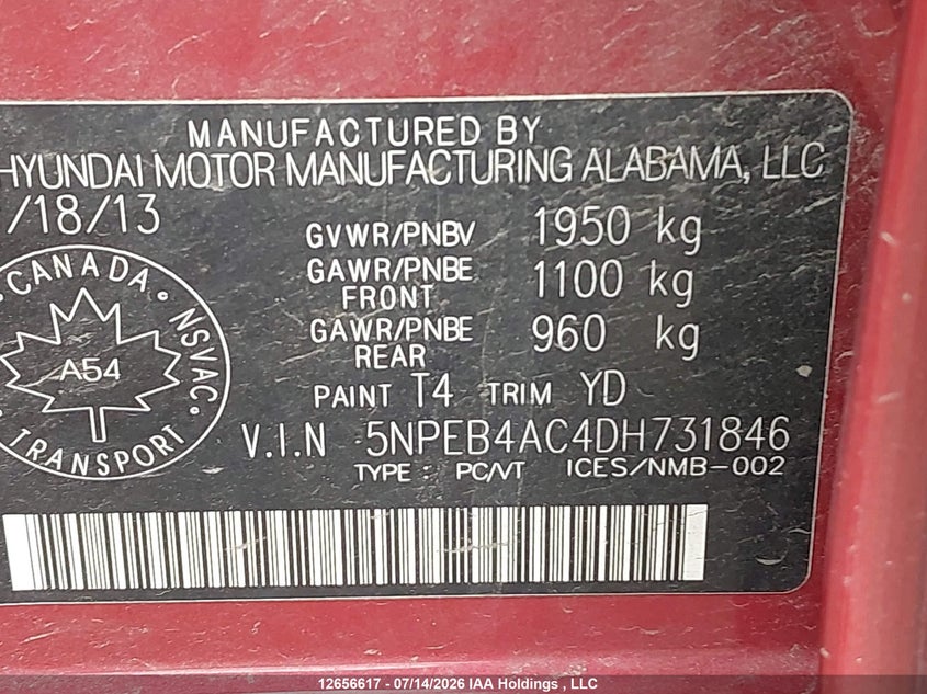 2013 Hyundai Sonata Gls VIN: 5NPEB4AC4DH731846 Lot: 12656617