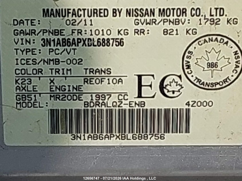 2011 Nissan Sentra 2.0/2.0S/Sr/2.0Sl VIN: 3N1AB6APXBL688756 Lot: 12656747