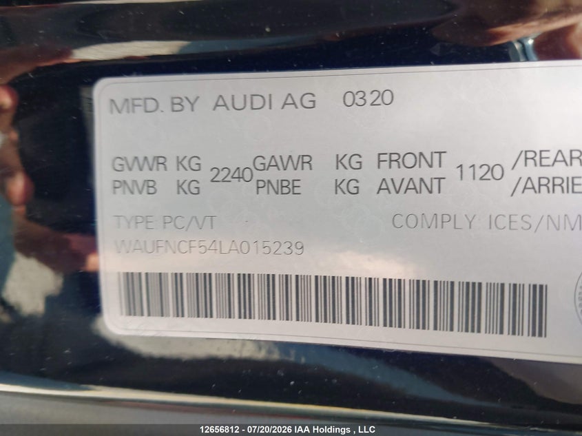2020 Audi A5 2.0T Progressiv VIN: WAUFNCF54LA015239 Lot: 12656812