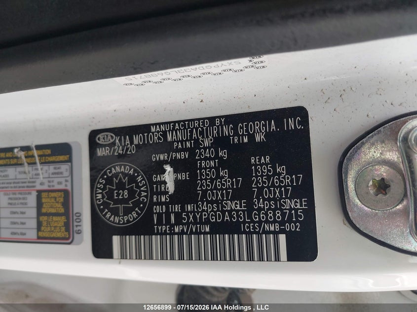 2020 Kia Sorento VIN: 5XYPGDA33LG688715 Lot: 12656899