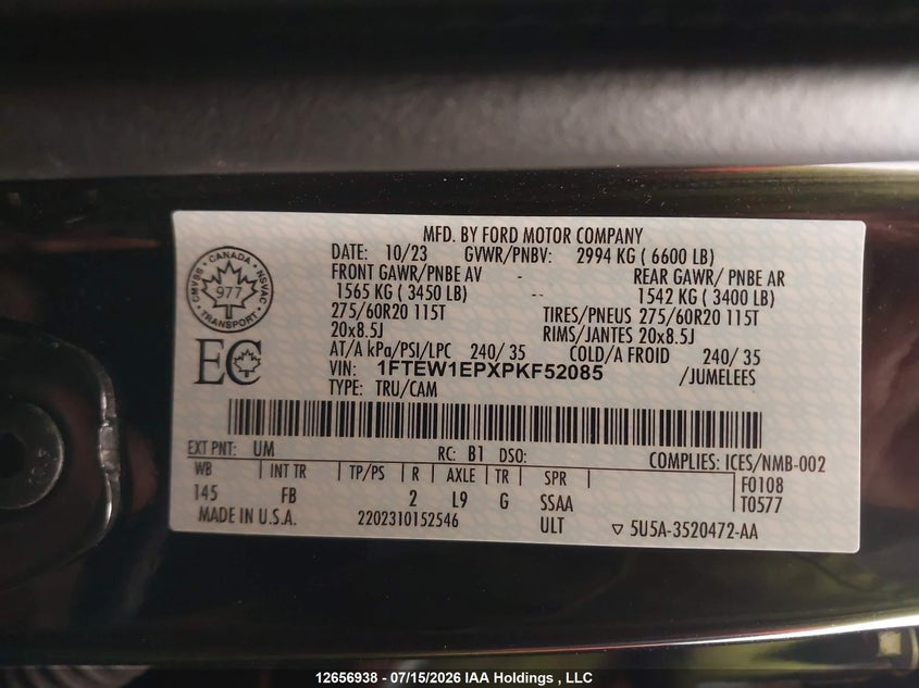 2023 Ford F-150 Lariat/Xl/Xlt VIN: 1FTEW1EPXPKF52085 Lot: 12656938