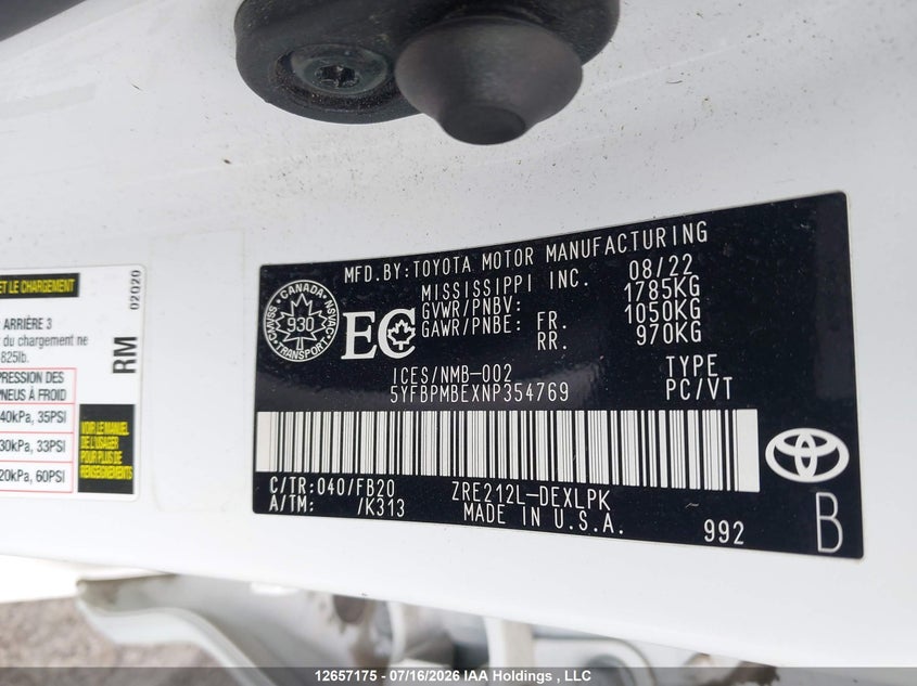 2022 TOYOTA COROLLA SEDAN 1.8L I-4 DOHC, VVT, 139HP