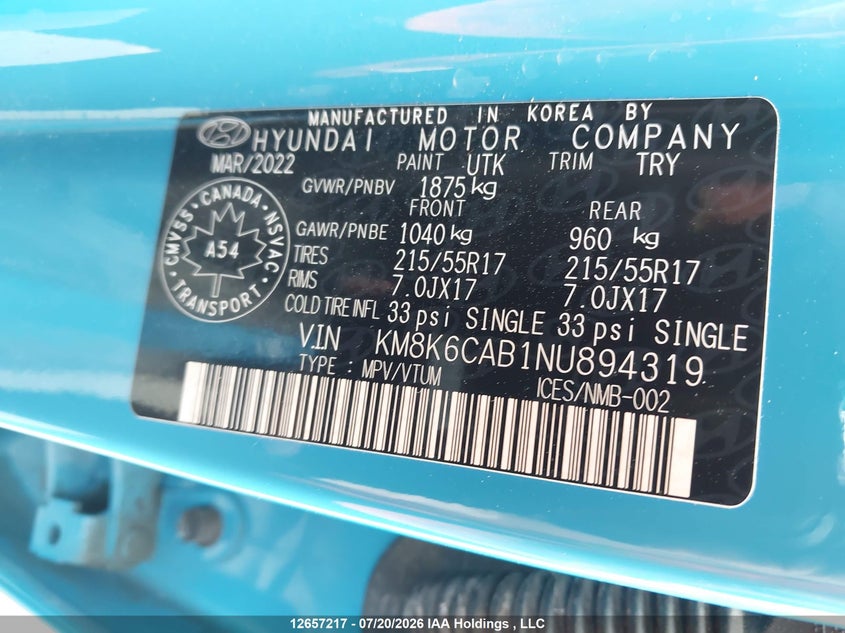 2022 Hyundai Kona Preferred Awd With Sun And Leather Package VIN: KM8K6CAB1NU894319 Lot: 12657217