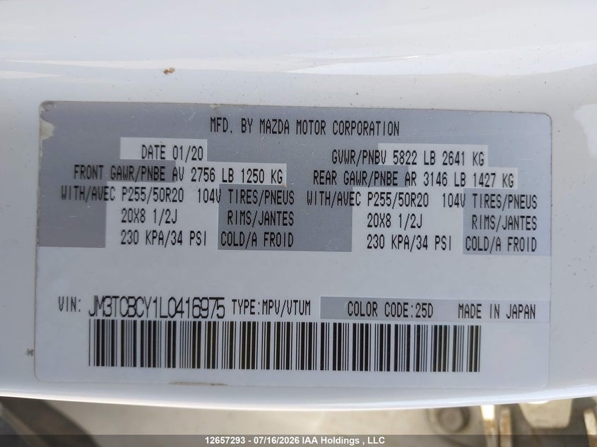 2020 MAZDA CX-9 SPORT UTILITY VEHICLE 2.5L I4 N