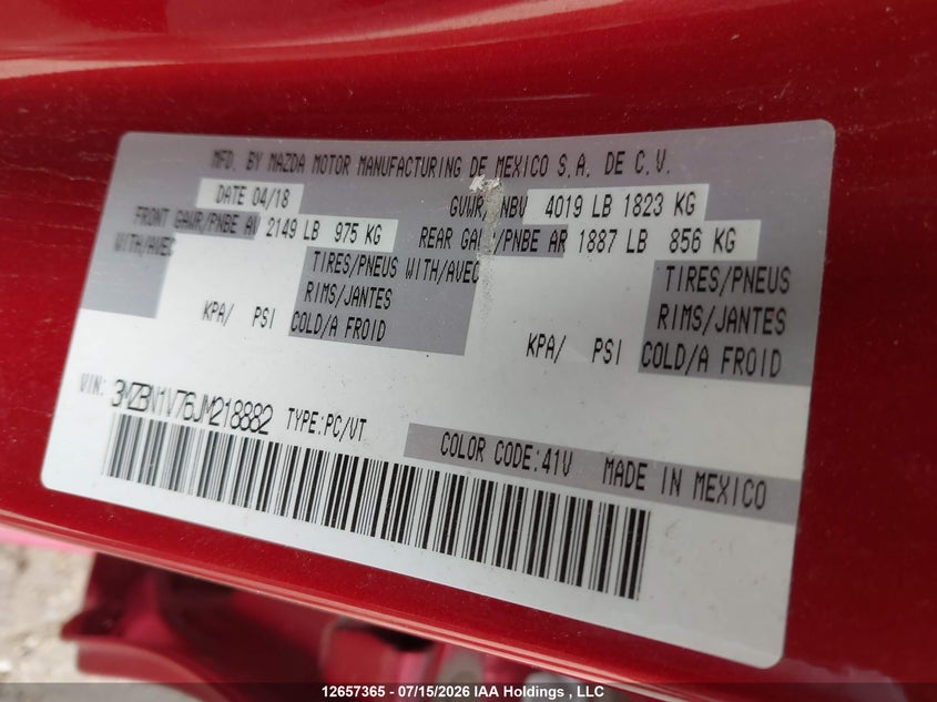 2018 Mazda Mazda3 VIN: 3MZBN1V76JM218882 Lot: 12657365