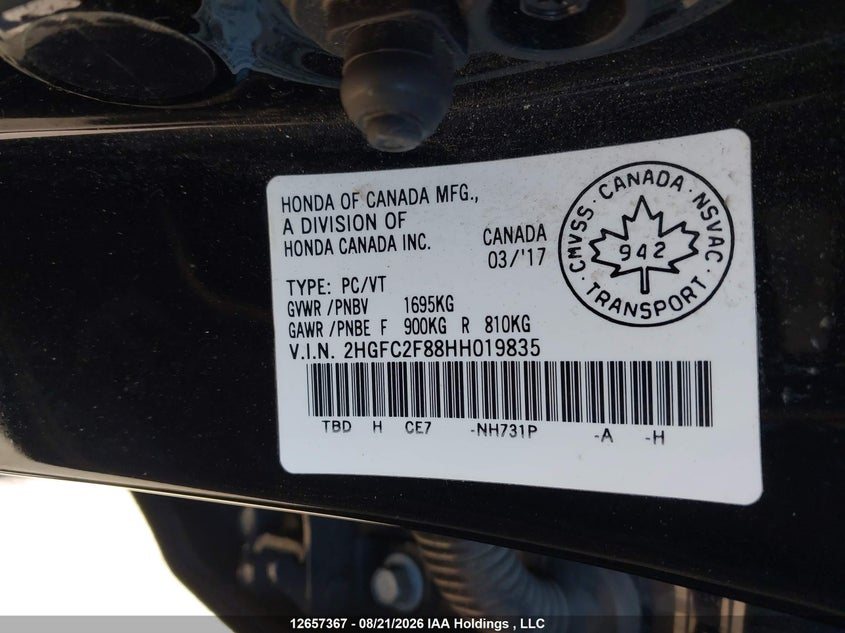 2017 HONDA CIVIC SEDAN 2.0L I-4 DOHC, VVT, 158HP